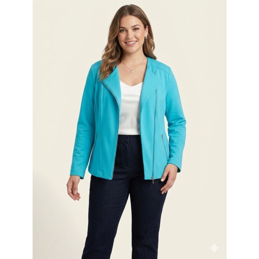 Kate & Mallory Knit Turquoise Asymmetric Zip Ponte Moto Career Blazer SZ 1X